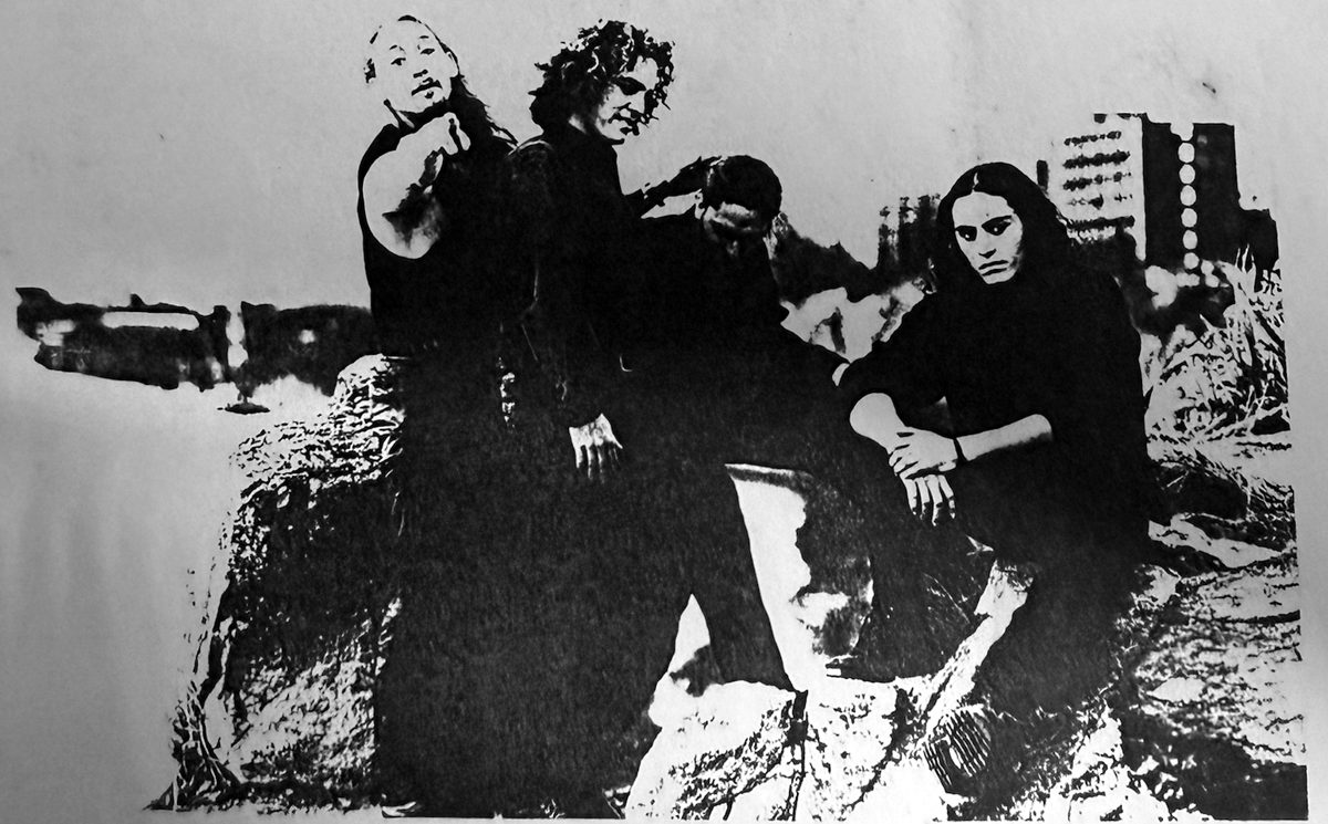 Moonjuice black and white band photo at the Kangaroo Point Cliffs, Brisbane, from the 1995 press bio sheet