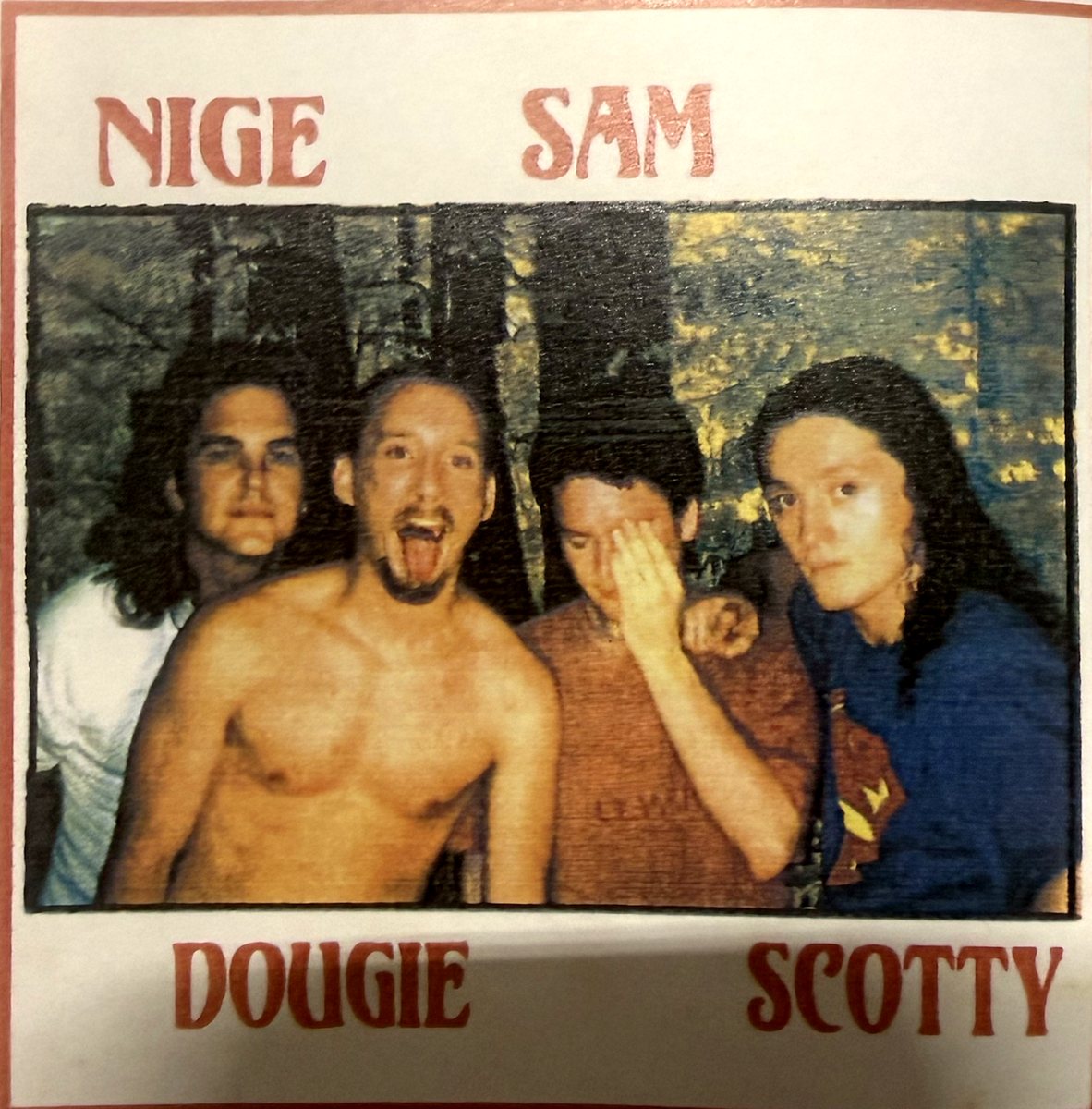 Early Moonjuice brochure photo of the four-piece, labelled Nige, Sam, Dougie and Scotty