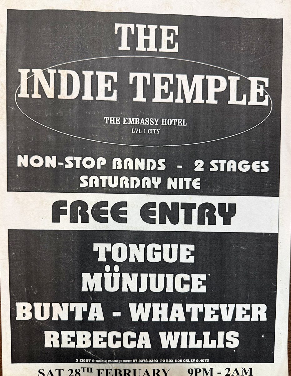 Flyer for the Indie Temple at the Embassy Hotel, Saturday 28 February 1998, with Tongue, Münjuice, Bunta, Whatever and Rebecca Willis