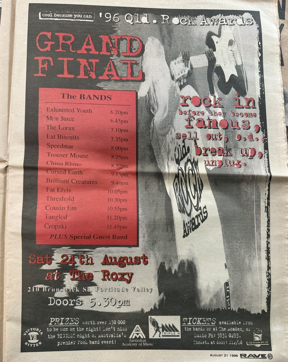 Rave magazine ad for the 1996 Queensland Rock Awards grand final at The Roxy, Saturday 24 August 1996, listing Mün Juice at 6.45pm