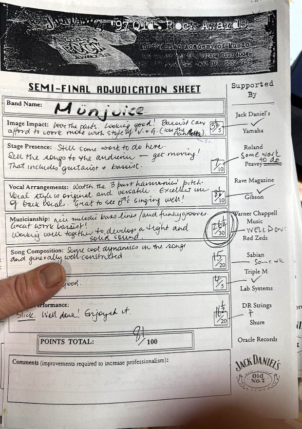 1997 Queensland Rock Awards semi-final adjudication sheet for Münjuice, scored 81 out of 100