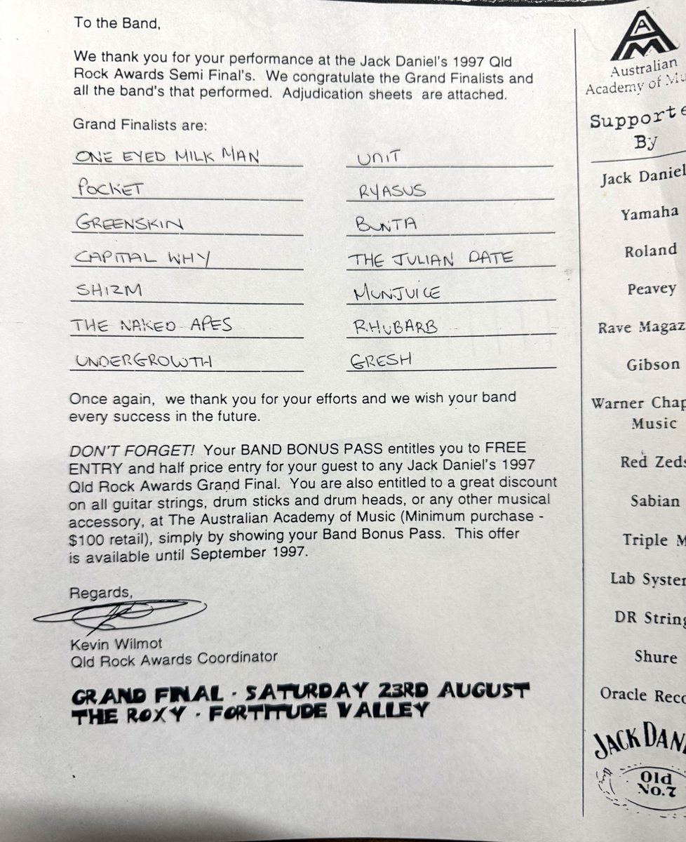Letter from the Queensland Rock Awards coordinator listing Munjuice among the 1997 grand finalists, grand final Saturday 23 August 1997 at The Roxy