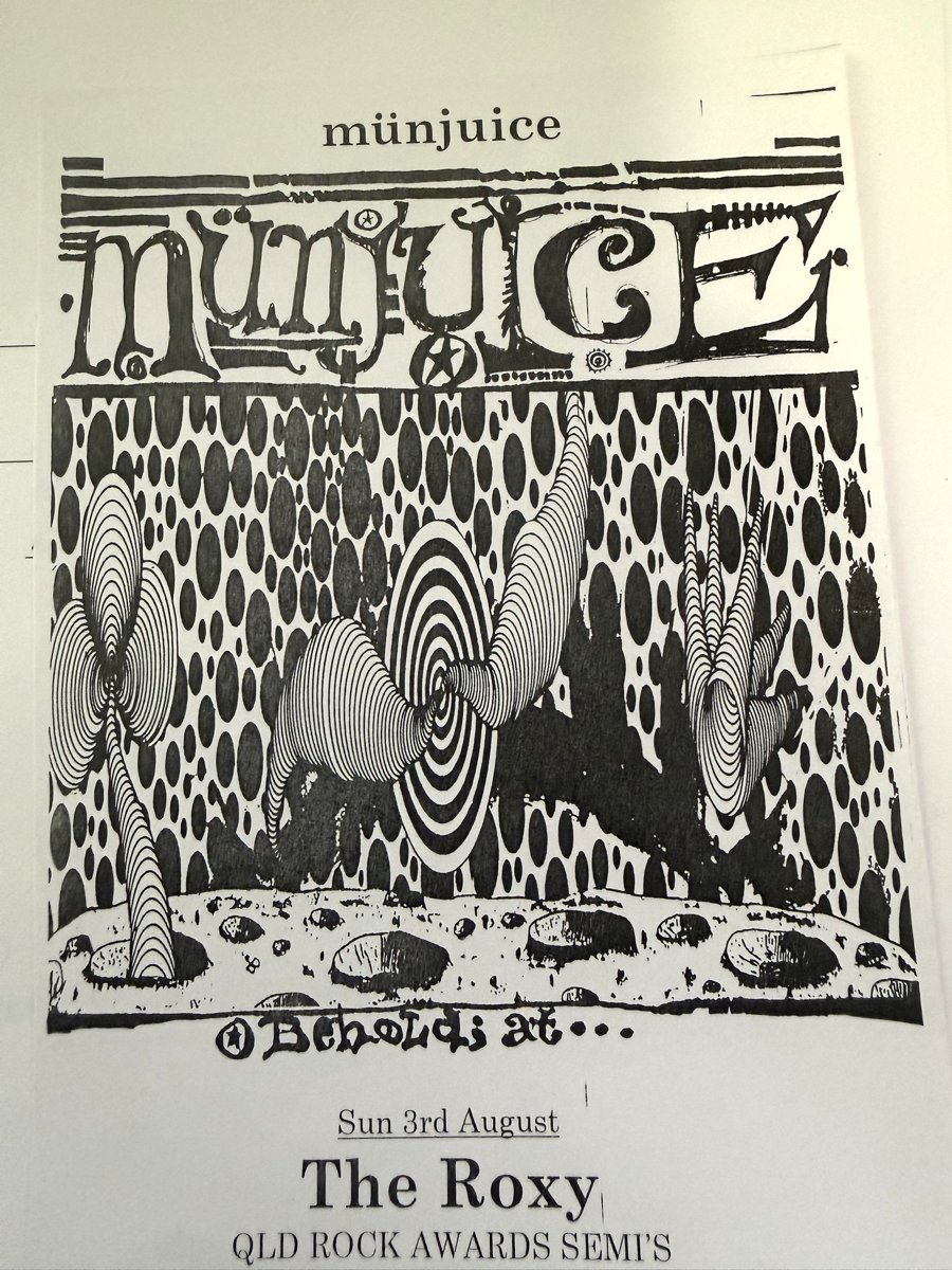 Hand-drawn Münjuice flyer for the Queensland Rock Awards semi-finals at The Roxy, Sunday 3 August 1997