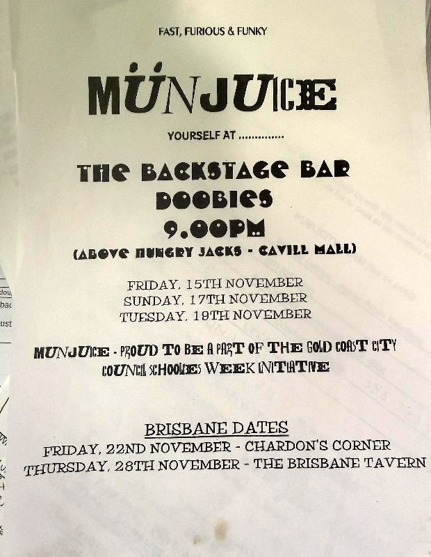 Münjuice flyer for the Gold Coast Schoolies Week initiative at the Backstage Bar, Doobies, November 1996