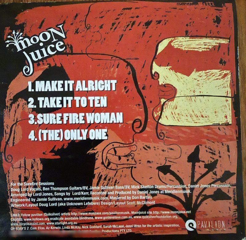 Moonjuice Surefire Sessions back cover with tracklist and credits, 2006