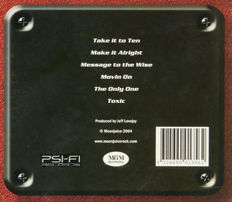 Moonjuice Take It to Ten back cover with tracklist, Psi-Fi Records and MGM Distribution