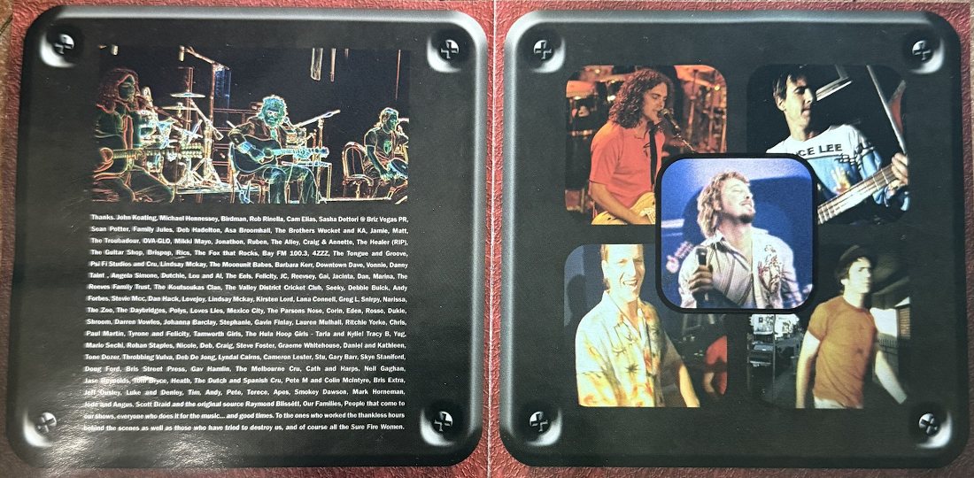 Moonjuice Take It to Ten booklet spread: acoustic set at The Tivoli, thanks list and photo collage